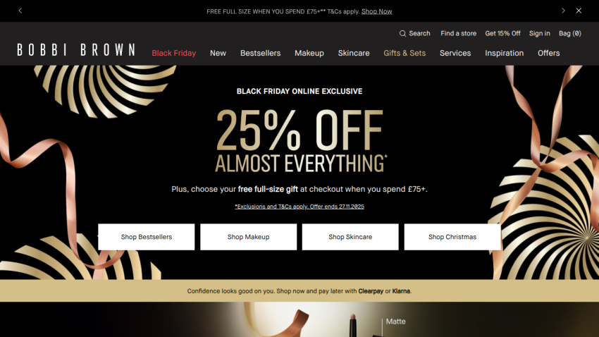 Bobbi Brown homepage promoting Black Friday 25% off almost everything with free full-size gift on £75+ spend and shopping categories