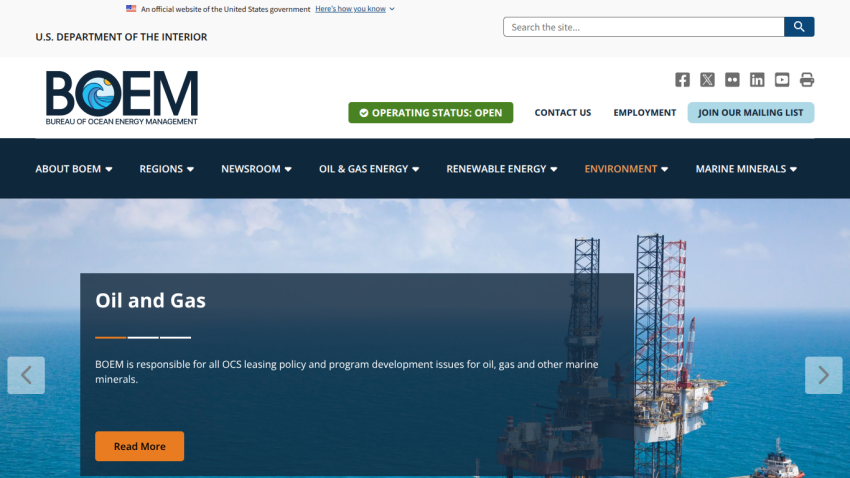 Homepage of BOEM featuring Oil and Gas section with a call to action.