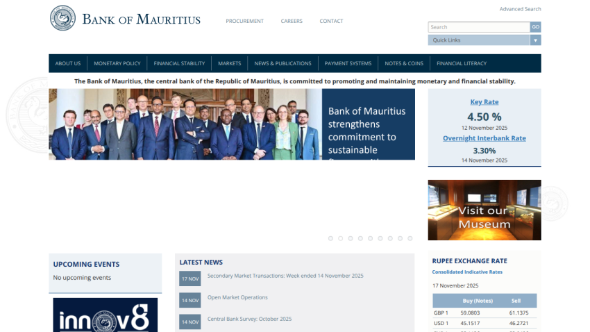 Bank of Mauritius homepage showing commitment to sustainable finance, key rates, upcoming events, and latest news