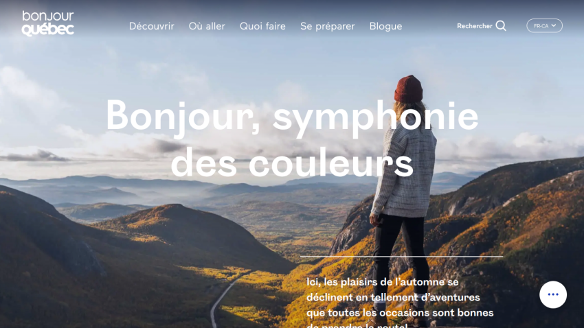 Welcome message highlighting the beauty of Quebec's colors with a scenic background.