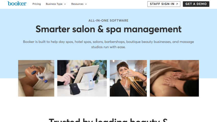 Homepage of Booker showcasing salon and spa management software with key features and images.