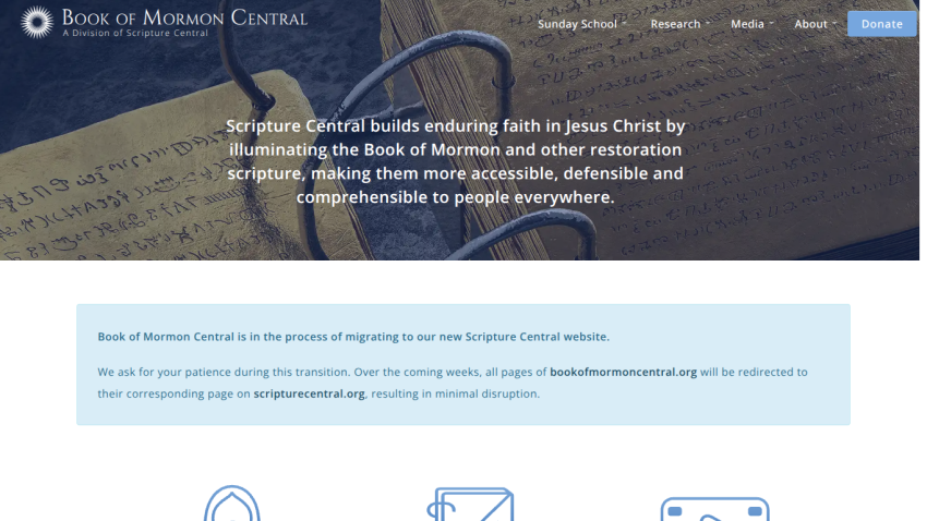 Book of Mormon Central website header with navigation and a message about migrating to Scripture Central