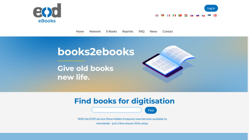 EOD eBooks homepage with navigation, a books2ebooks banner, and a search bar to find books for digitisation.