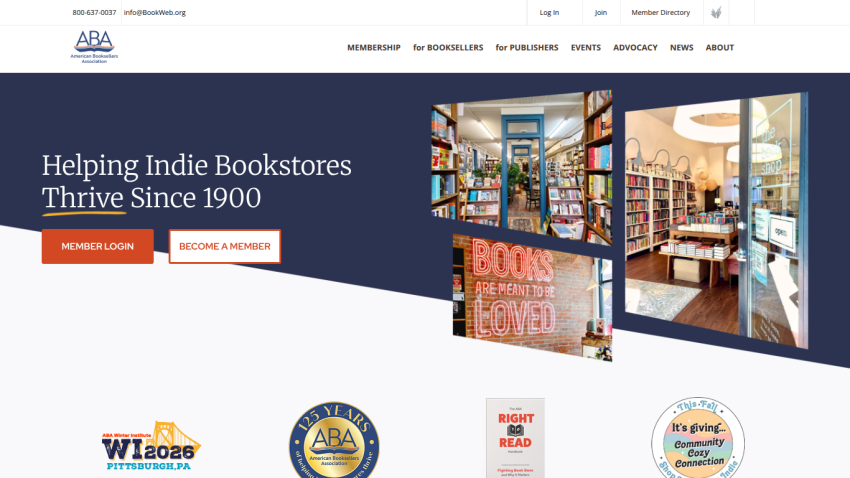 Homepage promoting support for indie bookstores with a welcoming message and images of books.