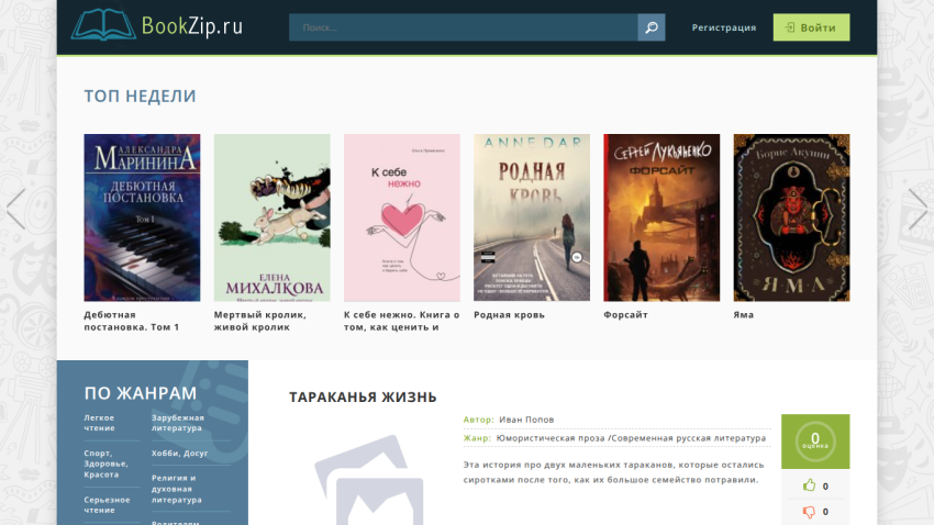 BookZip.ru homepage with weekly top books, genre categories, and featured book details in Russian