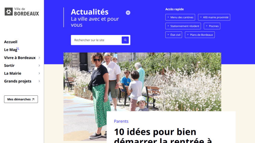 City of Bordeaux website featuring news and events with a family in a park.