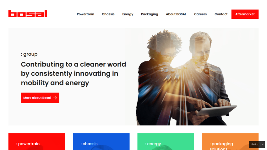 Bosal website homepage with navigation menu and hero section about innovating in mobility and energy