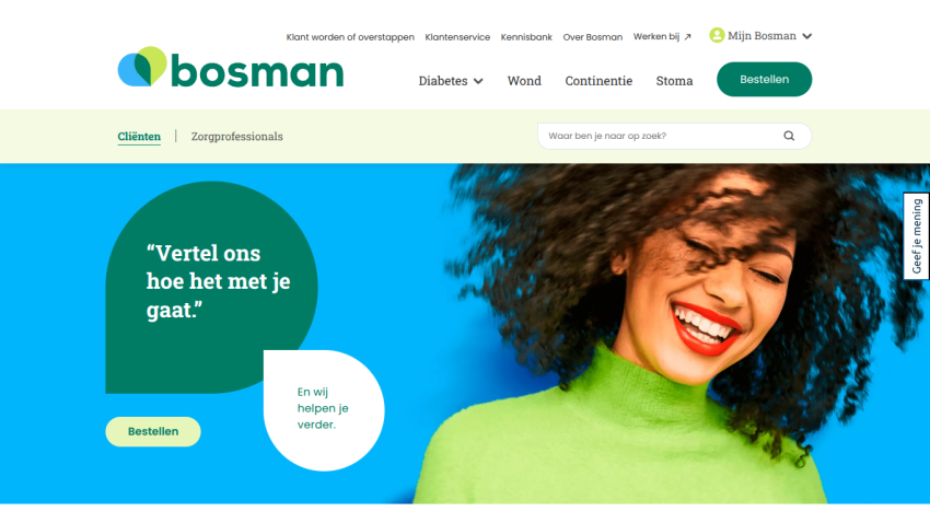 Bosman website homepage with navigation, search bar, and a smiling woman next to text encouraging users to share how they are doing