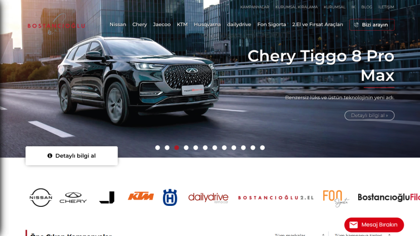 Car rental website featuring Chery Tiggo 8 Pro Max with navigation and brand logos