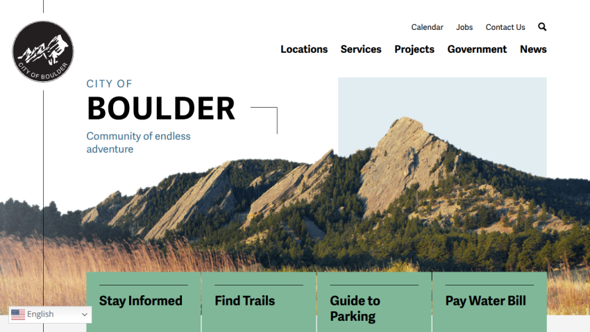 City of Boulder homepage featuring a mountain backdrop and navigation options for services and information.