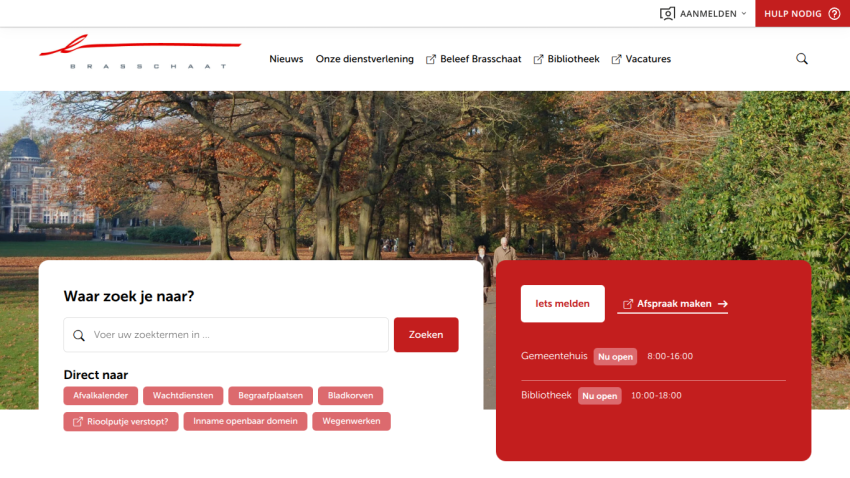 Municipality website with search bar, quick links, and opening hours over a park background
