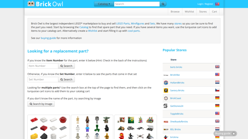 Website offering replacement parts with search instructions and popular stores listed.