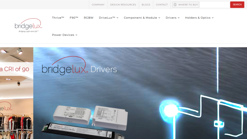 BridgeLux website showing navigation menu and hero section featuring Drivers with product images and schematic lines.