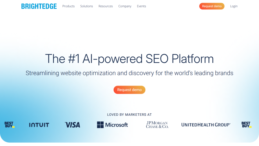 Brightedge homepage showcasing SEO platform features and client logos.