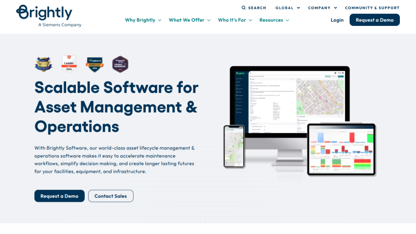 Brightly Software homepage showcasing scalable asset management solutions with visuals of software interfaces.