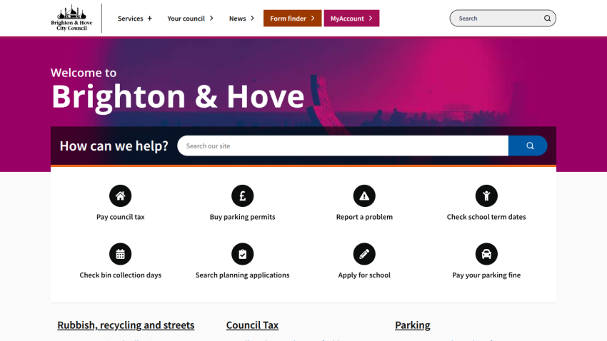 Homepage of Brighton & Hove council with search bar and service options.