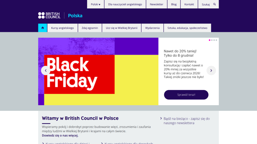 British Council Poland homepage with Black Friday promotion offering up to 20% discount on courses until December 8.