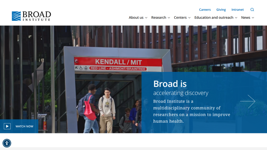 Broad Institute homepage featuring the tagline and entrance to Kendall/MIT.