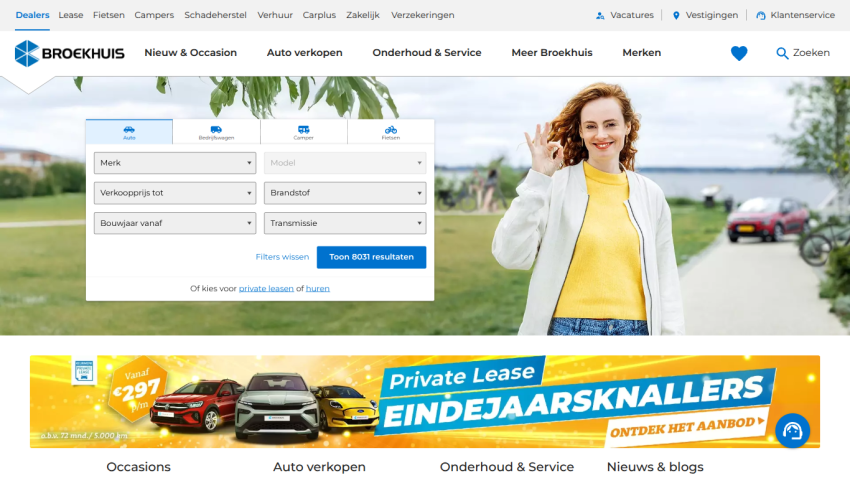 Brookhills car leasing website with navigation menu and a smiling woman in yellow jacket in hero section