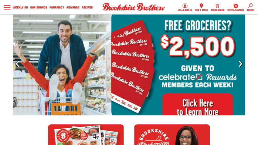 Brookshire Brothers homepage with Celebrate Rewards program details and navigation menu