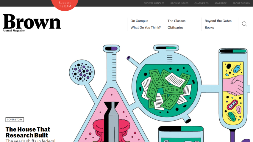 Brown Alumni Magazine homepage with navigation links and cover story titled The House That Research Built