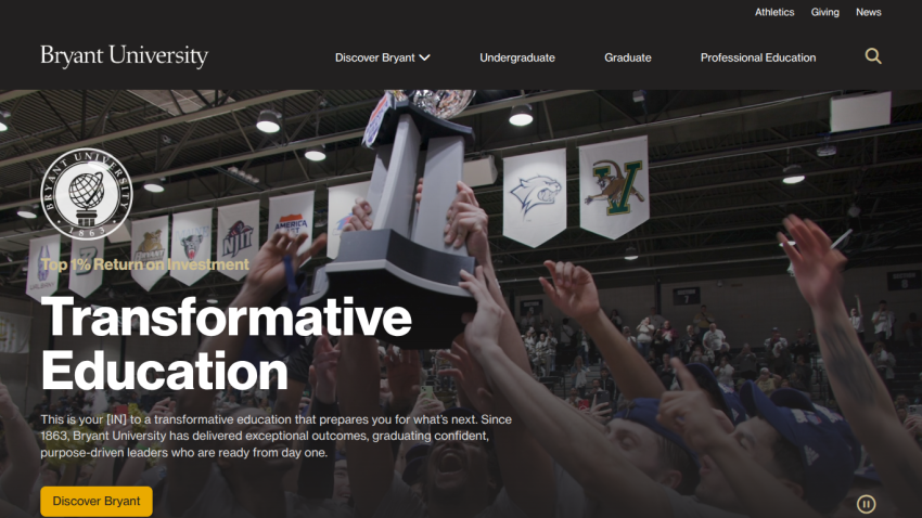Bryant University homepage featuring 'Transformative Education' and an engaging hero image.