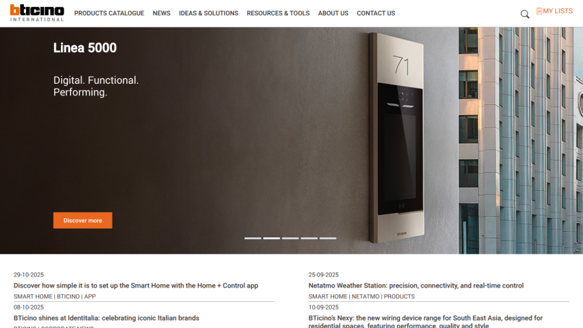 Bticino International homepage featuring Linea 5000 digital product with tagline and navigation menu