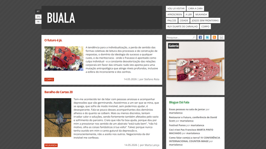Homepage of Buala featuring articles with images and descriptions.