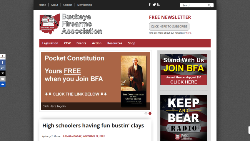 Buckeye Firearms Association homepage with navigation, newsletter signup, and promotion for free Pocket Constitution with membership