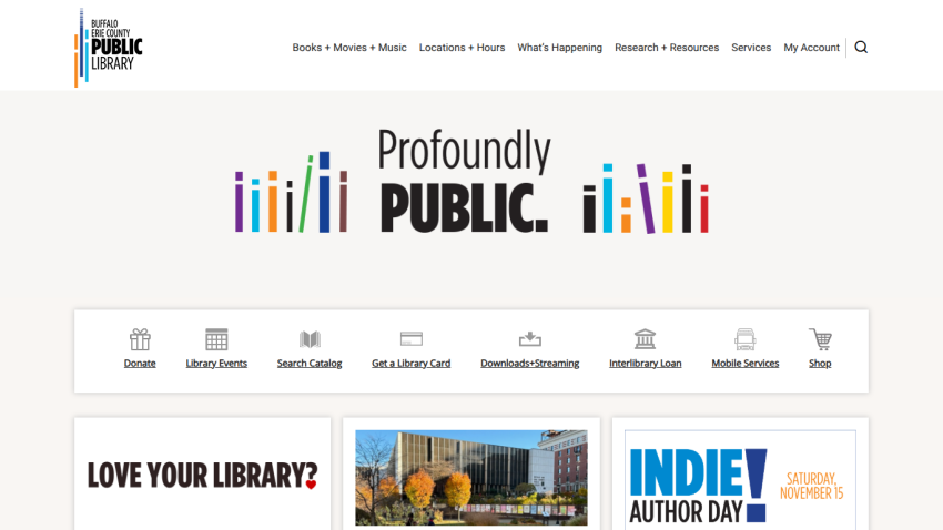 Buffalo Erie County Public Library homepage with navigation links and a hero section promoting library services and events.