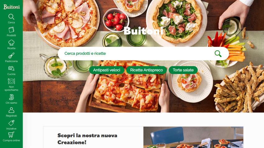 Buitoni website with search bar and images of pizzas, salads, and snacks on a wooden table
