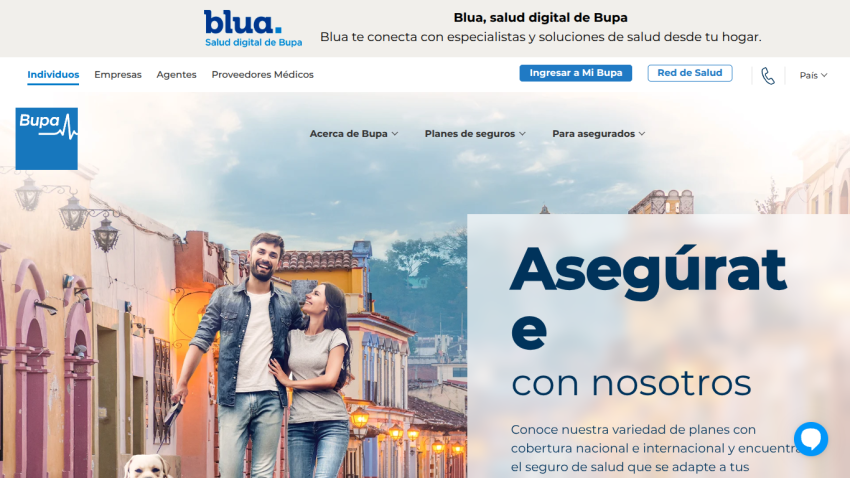 Blua digital health by Bupa connects users with health specialists and insurance plans, featuring a couple walking with a dog in a city street.
