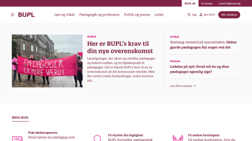 BUPL website with articles on new agreement demands and pedagogical support, plus navigation and membership options