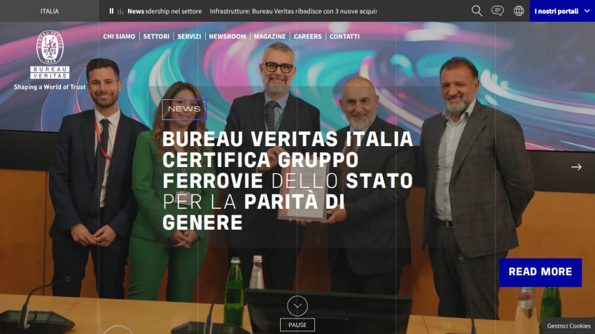 Bureau Veritas Italia certifies Gruppo Ferrovie dello Stato for gender equality with a group photo and navigation menu