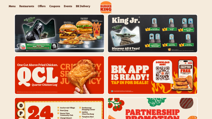 Promotional section featuring burgers, chicken, and app advertisement for Burger King.