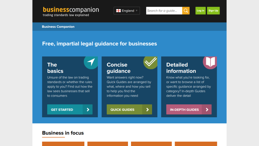 Business Companion homepage offering free legal guidance for businesses with basics, quick guides, and in-depth guides sections