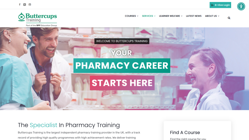 Buttercups Training homepage promoting pharmacy career training with navigation and login options