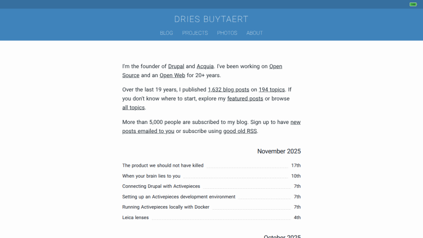 Dries Buytaert blog homepage with navigation links and recent blog post listings for November and October 2025