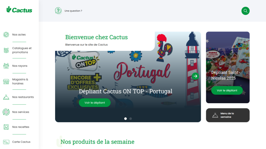 Homepage of Cactus website featuring navigation menu, welcome message, promotional flyers for Portugal and Saint-Nicolas 2025, and weekly products section