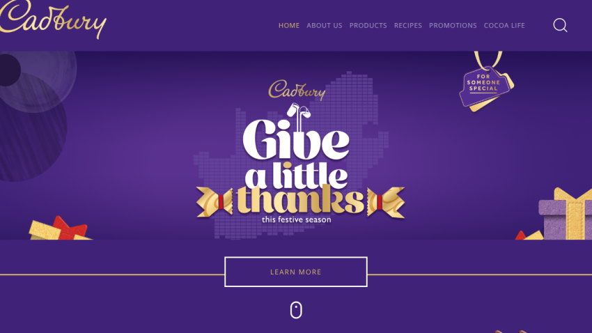 Cadbury homepage with festive 'Give a little thanks' campaign and navigation menu