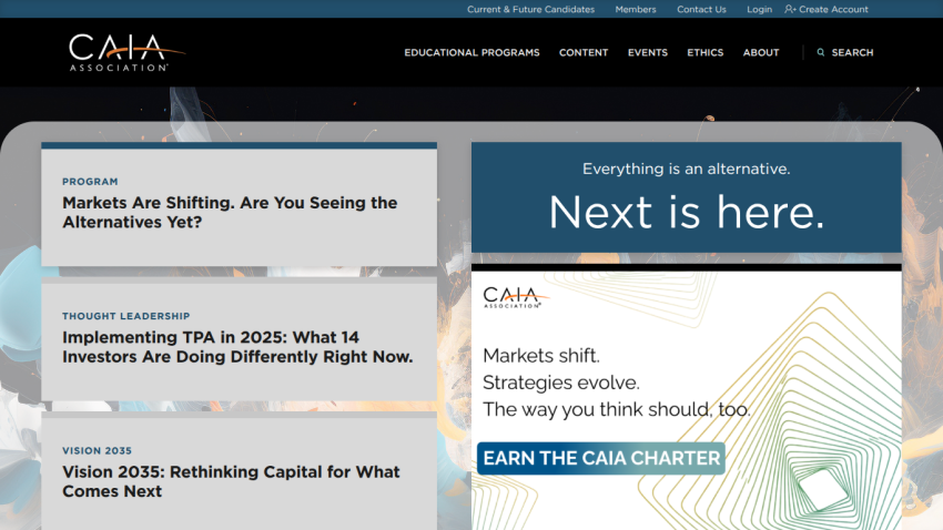 CAIA Association homepage with navigation, headline about market shifts, and call to action to earn the CAIA charter
