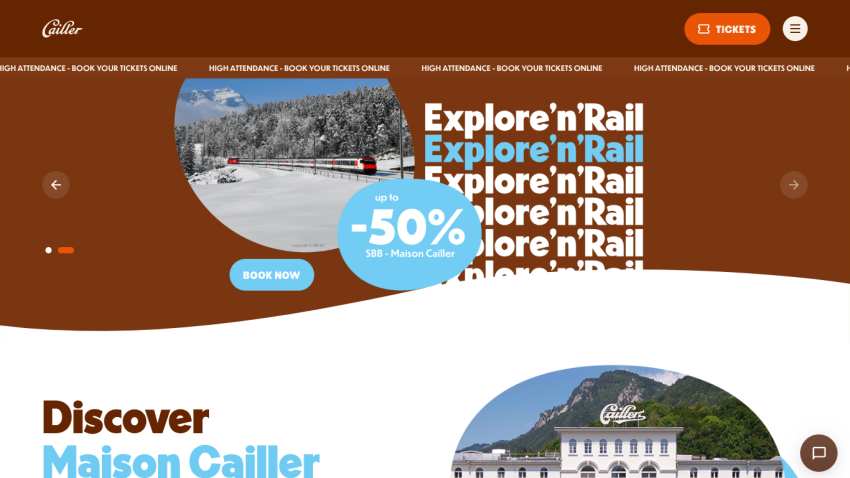 Homepage promoting Explore'n'Rail with up to 50% discount and call to action to book tickets, plus Discover Maison Cailler section