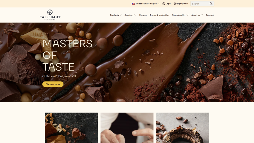 Callebaut chocolate website hero with text 'Masters of Taste' and melted chocolate image