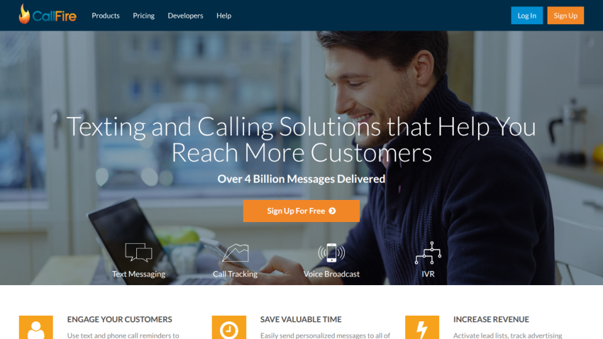 Texting and calling solutions homepage with a call to action to sign up for free.