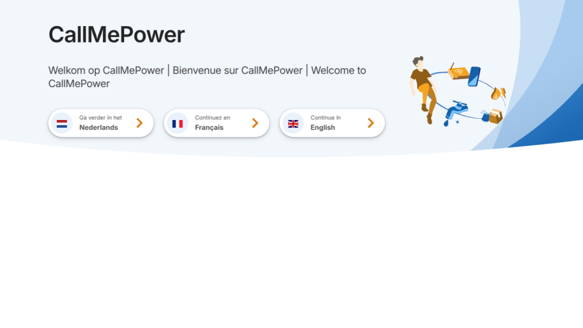 CallMePower welcome page with language selection buttons in Dutch, French, and English and an illustration