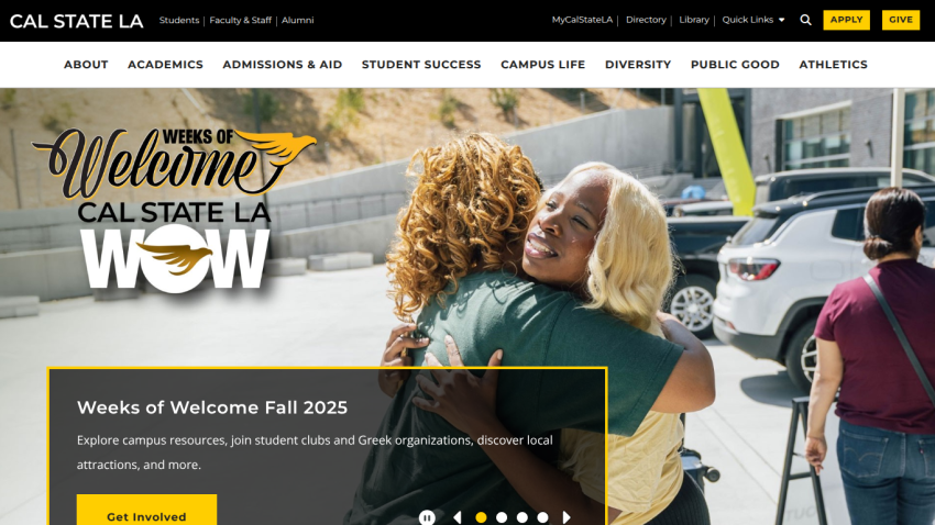 Cal State LA homepage featuring a welcoming message and students embracing.