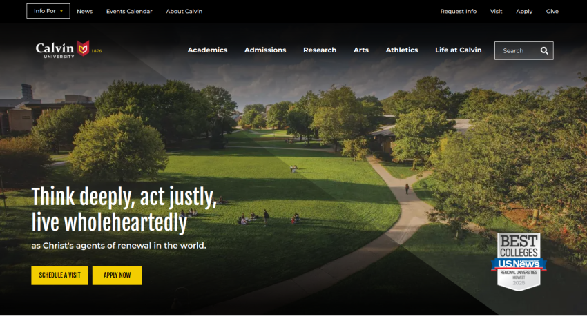 Calvin University homepage featuring a park view and a motivational quote.