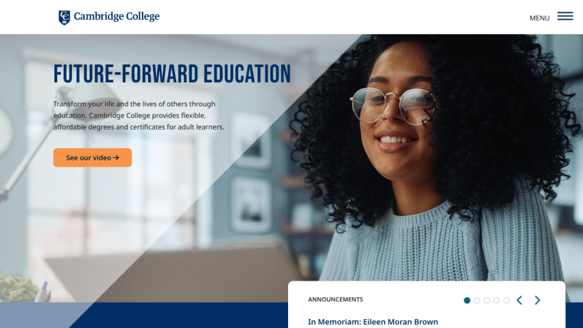 Cambridge College homepage with headline Future-Forward Education and a smiling woman, promoting flexible degrees for adult learners