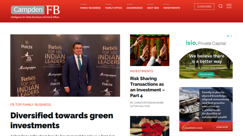 Campden FB website with articles on green investments and risk sharing transactions, plus family wealth education ads