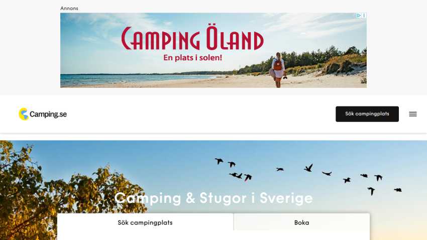 Camping.se homepage with a scenic sky and birds, featuring search options for camping and cottages in Sweden